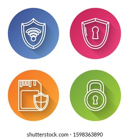 Set line Shield with WiFi wireless internet network, Shield with keyhole , SD card and shield  and Lock . Color circle button. Vector
