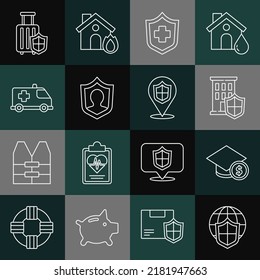 Set line Shield with world globe, Graduation cap and coin, House shield, Health insurance, Life, Emergency car, Travel suitcase and Location icon. Vector