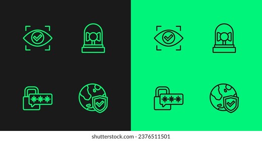 Set line Shield with world globe, Cyber security, Eye scan and Ringing alarm bell icon. Vector
