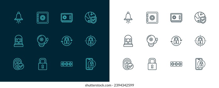 Ajuste el Escudo de línea con el globo mundial, el bloqueo, la protección con contraseña, el timbre de alarma, el icono y la caja fuerte. Vector