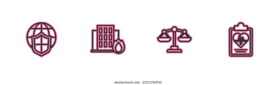 Set line Shield with world globe, Scales of justice, Fire in burning house and Health insurance icon. Vector