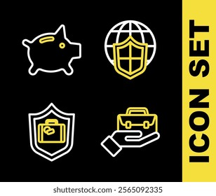 Set line Shield with world globe, Hand holding briefcase, Travel suitcase shield and Piggy bank icon. Vector