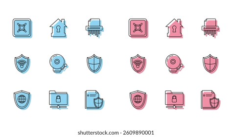 Set line Shield with world globe, FTP folder and lock, Safe, Document protection concept, Ringing alarm bell, WiFi wireless internet network and House under icon. Vector