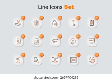 Set línea Escudo con globo del mundo, seguro, carpeta y cerradura, cerradura, Contraseña del monitor, timbre de alarma y el icono de la cámara de seguridad. Vector