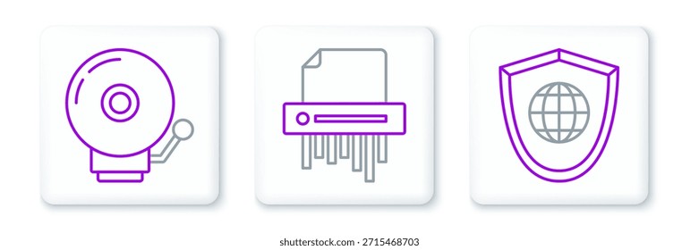 Set line Shield with world globe, Ringing alarm bell and Paper shredder confidential icon. Vector