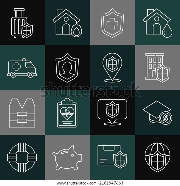 Set line Shield with world globe,
Graduation cap and coin, House shield, Health insurance, Life,
Emergency car, Travel suitcase and Location icon.
Vector