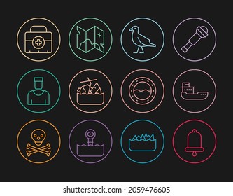 Set Line Ship Bell, Cargo Ship, Bird Seagull, Sinking Cruise, Sailor Captain, First Aid Kit, Porthole And Pirate Treasure Map Icon. Vector