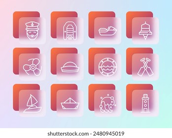 Set line Ship bell, Folded paper boat, porthole, Tsunami, Sailor hat, Jet ski, Captain of ship and Inflatable with motor icon. Vector