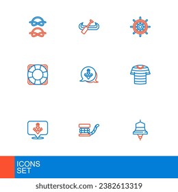 Set line Ship bell, Marine bollard with rope, Anchor, Striped sailor t-shirt, Lifebuoy, steering wheel and Kayak and paddle icon. Vector
