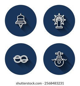 Set line Ship bell, steering wheel, Nautical rope knots and Submarine with long shadow. Blue circle button. Vector