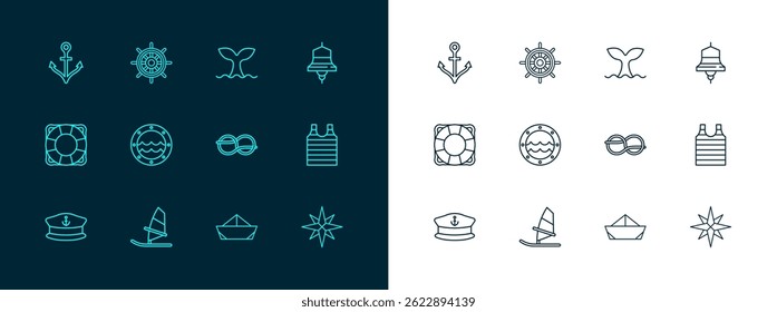 Set line Ship bell, Windsurfing, Nautical rope knots, Folded paper boat, porthole, Whale tail, Anchor and steering wheel icon. Vector
