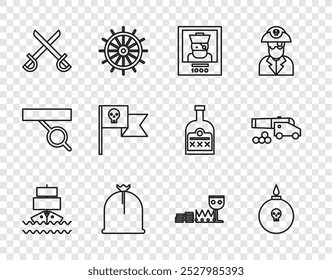Set line Ship, Bomb ready to explode, Wanted poster pirate, Pirate sack, Crossed swords, flag with skull, Treasure and riches and Cannon cannonballs icon. Vector