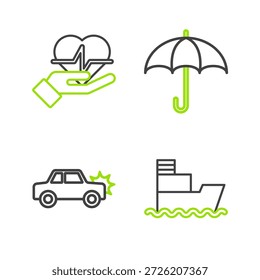Set line Barco, coche, paraguas y seguro de vida en el icono de la mano. Vector