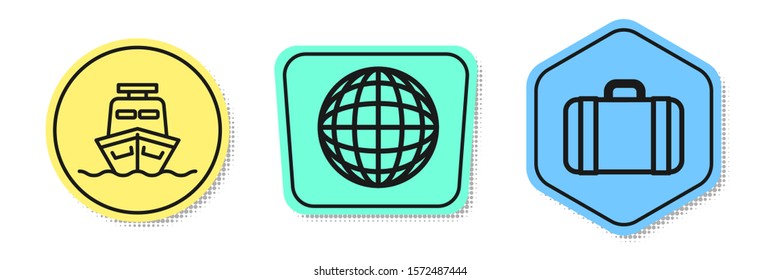 Set line Ship, Earth globe and Suitcase for travel. Colored shapes. Vector