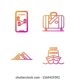 Set line Ship, Egypt pyramids, Infographic of city map navigation and Suitcase for travel and stickers. Gradient color icons. Vector