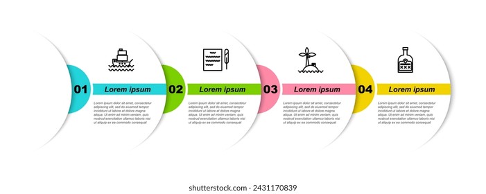 Set line Barco, Pluma pluma y pergamino, Isla tropical en el océano y Alcohol bebida Ron botella. Plantilla de infografía de negocios. Vector