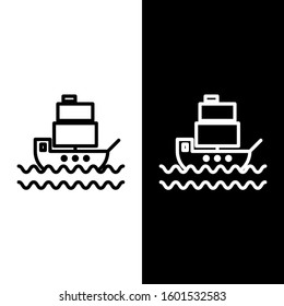 Set line Ship icon isolated on black and white background.  Vector Illustration