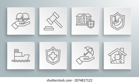 Set line Ship, Judge gavel, Life insurance with shield, Umbrella hand, House,  and  icon. Vector