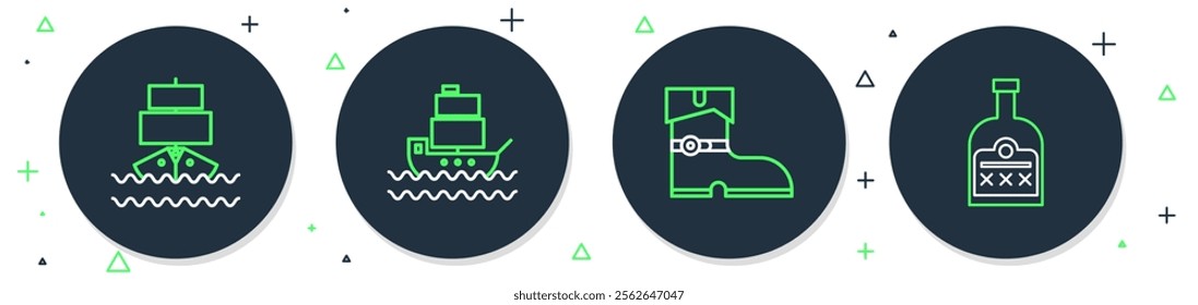 Set line Ship, Leather pirate boots,  and Alcohol drink Rum bottle icon. Vector