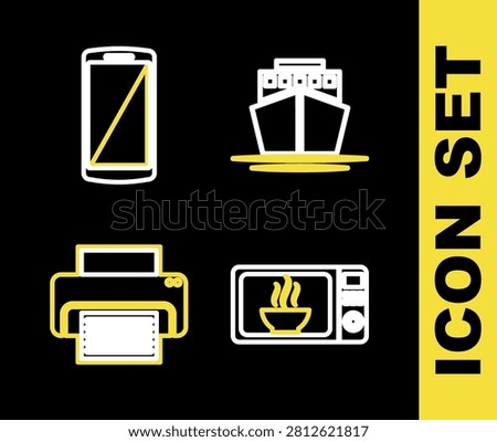 Set line Ship, Microwave oven, Printer and Smartphone, mobile phone icon. Vector