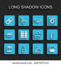 Set line Ship, Paint brush, Chain link, Covered with tray of food, Printer, Server, Data, Web Hosting, Baby bottle and Handbag icon. Vector