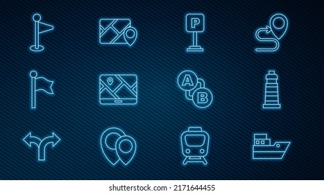 Set line Ship line path, Lighthouse, Parking, City map navigation, Location marker, Route location and Infographic of city icon. Vector