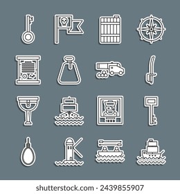 Nave, llave pirata, espada, barril de madera, saco, decreto, pergamino, pergamino y cañón con icono de balas de cañón. Vector