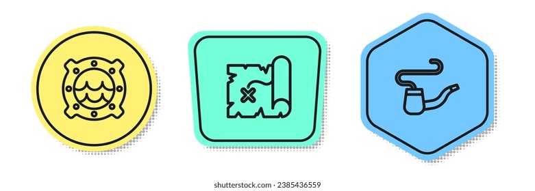 Set line Ship porthole with seascape, Pirate treasure map and Smoking pipe. Colored shapes. Vector