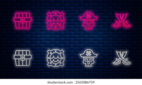 Set line Ship porthole with seascape, Pirate captain, Antique treasure chest and Crossed pirate swords. Glowing neon icon on brick wall. Vector