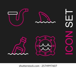 Set line Ship porthole with seascape, Bottle message in water, Shark fin ocean wave and Smoking pipe icon. Vector