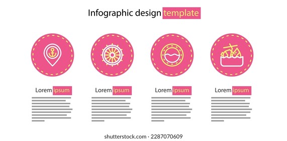 Set line Ship porthole, Sinking cruise ship, steering wheel and Location with anchor icon. Vector