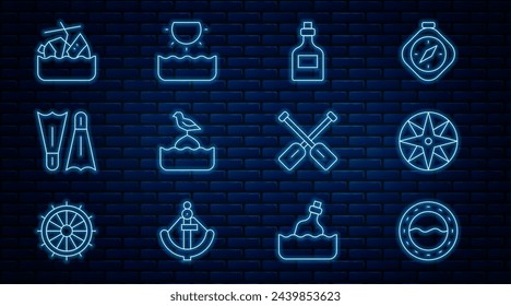 Set line Ship porthole, Wind rose, Rum bottle, Seagull sits on a buoy, Flippers for swimming, Sinking cruise ship, Paddle and Sun icon. Vector