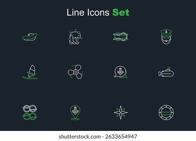 Set line Ship porthole, Wind rose, Location with anchor, Nautical rope knots, Submarine, Anchor, Boat propeller and Windsurfing icon. Vector