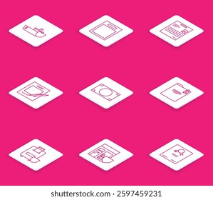 Set line Ship with shield, Empty form, Personal document, Blank notebook and pen, Stacks paper money cash, folder, Traveling baggage insurance and Shopping building icon. Vector