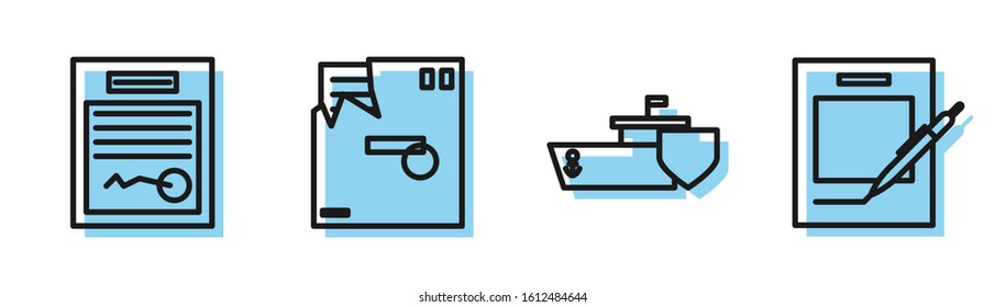 Set Line Ship With Shield, Filled Form, Ordered Envelope And Blank Notebook And Pen Icon. Vector