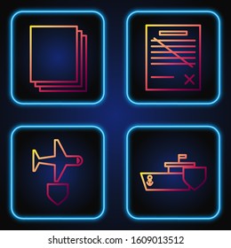 Set line Ship with shield, Plane with shield, Clean paper and Delete file document. Gradient color icons. Vector