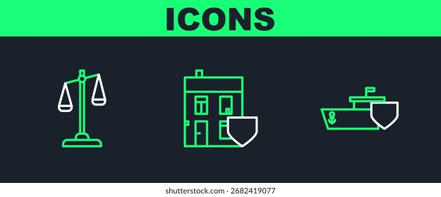 Set line Ship with shield, Scales of justice and House icon. Vector