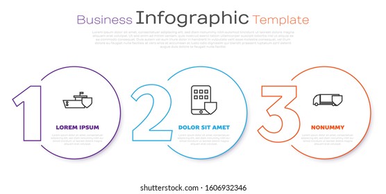 Set line Ship with shield, Smartphone insurance and Delivery cargo truck with shield. Business infographic template. Vector