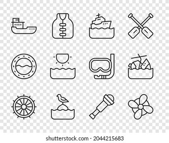 Set Line Ship Steering Wheel, Boat Propeller, Cruise Ship, Seagull Sits On Buoy, Cargo, Sun, Spyglass Telescope Lens And Sinking Cruise Icon. Vector