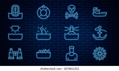 Set line Ship steering wheel, Anchor, Skull on crossbones, Shark fin ocean wave, Sun, Location with anchor, Lighthouse and Lifebuoy icon. Vector