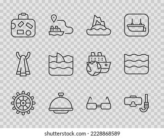 Fijar línea Volante de dirección Barco, Máscara de buceo y snorkel, Isla Tropical océano, Cubierta con bandeja, maleta, ola de aleta de tiburón, Glasses y Wave icono. Vector