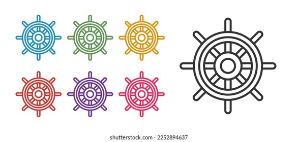 Set line Ship steering wheel icon isolated on white background. Set icons colorful. Vector