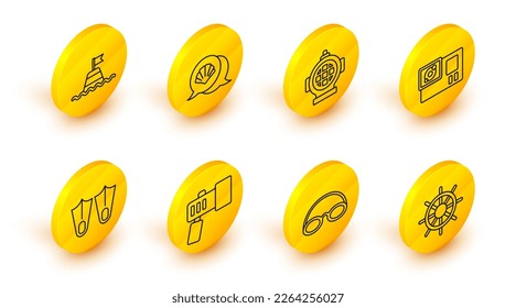 Set line Ship steering wheel, Glasses and cap, Flashlight, Rubber flippers, Action camera, Aqualung, Scallop sea shell and Floating buoy the icon. Vector