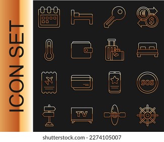 Set line Ship steering wheel, Location with SOS, Big bed, Key, Wallet, Meteorology thermometer, Calendar and Suitcase icon. Vector