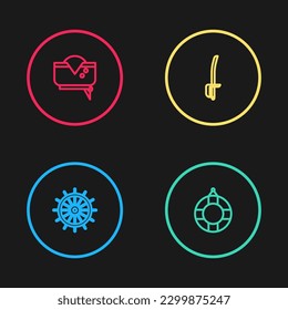 Set line Ship steering wheel, Lifebuoy, Pirate sword and hat icon. Vector