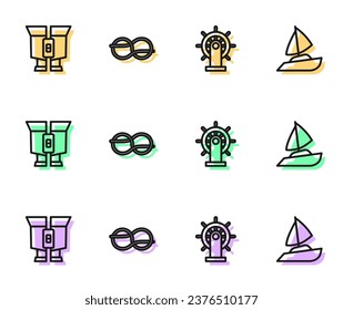 Set line Ship steering wheel, Binoculars, Nautical rope knots and Yacht sailboat icon. Vector