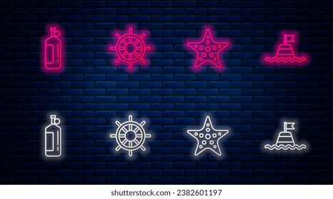 Set line Ship steering wheel, Starfish, Aqualung and Floating buoy on the sea. Glowing neon icon on brick wall. Vector