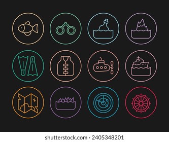 Set line Ship steering wheel, Cruise ship, Bottle with message water, Life jacket, Flippers for swimming, Fish, Submarine and Binoculars icon. Vector