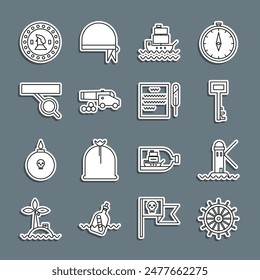 Juego de líneas Volante de barco, Faro, Llave pirata, Cañón con balas de cañón, parche de ojo, moneda y pluma de pluma e icono de desplazamiento. Vector