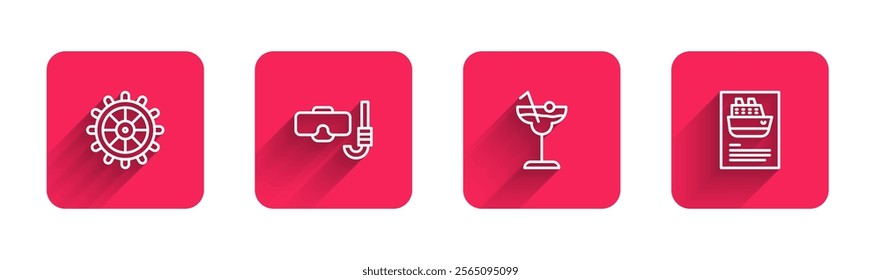 Set line Ship steering wheel, Diving mask and snorkel, Cocktail and Cruise ship with long shadow. Red square button. Vector